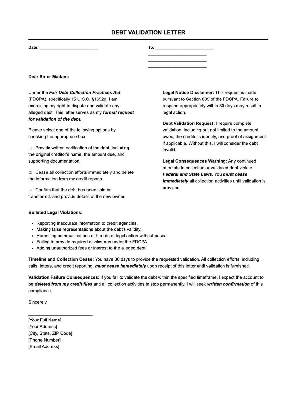 Debt validation letter template with Fair Debt Collection Practices Act reference and 30 day_variant_3